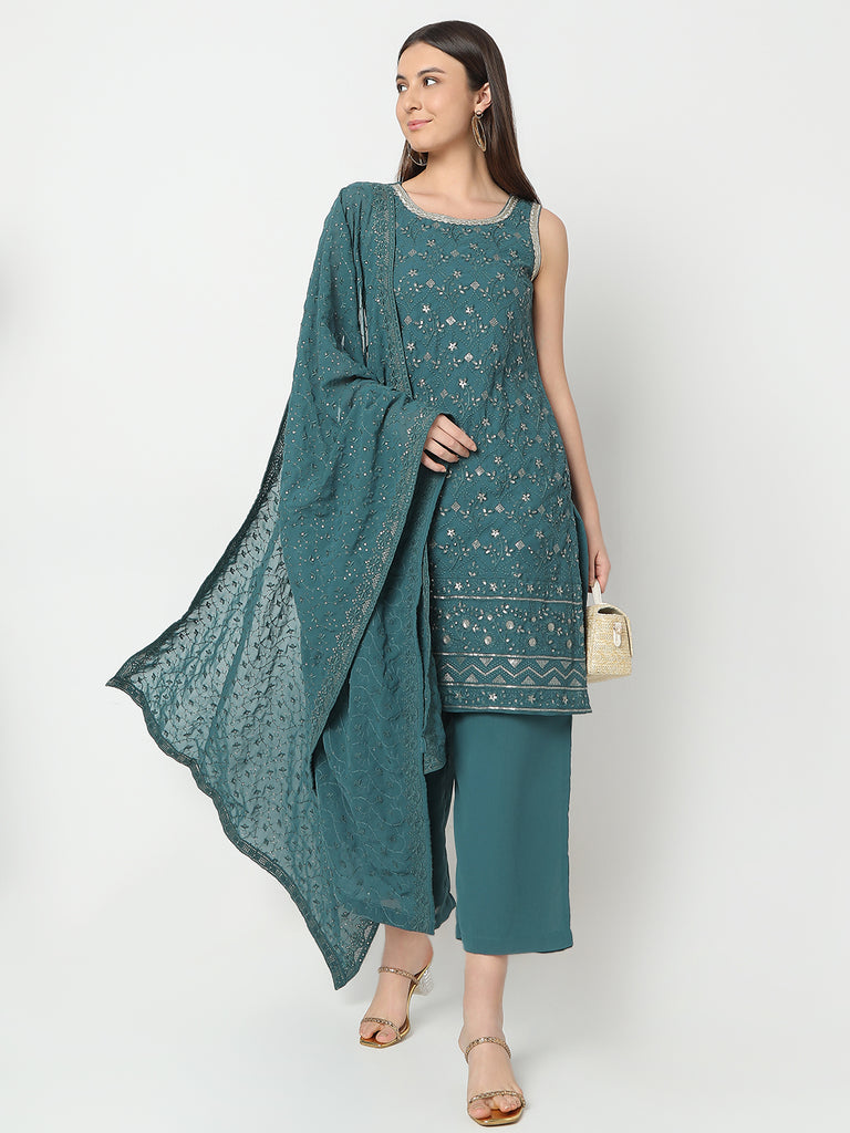 Straight Fit Embroidered Kurta and Pant with Dupatta Set