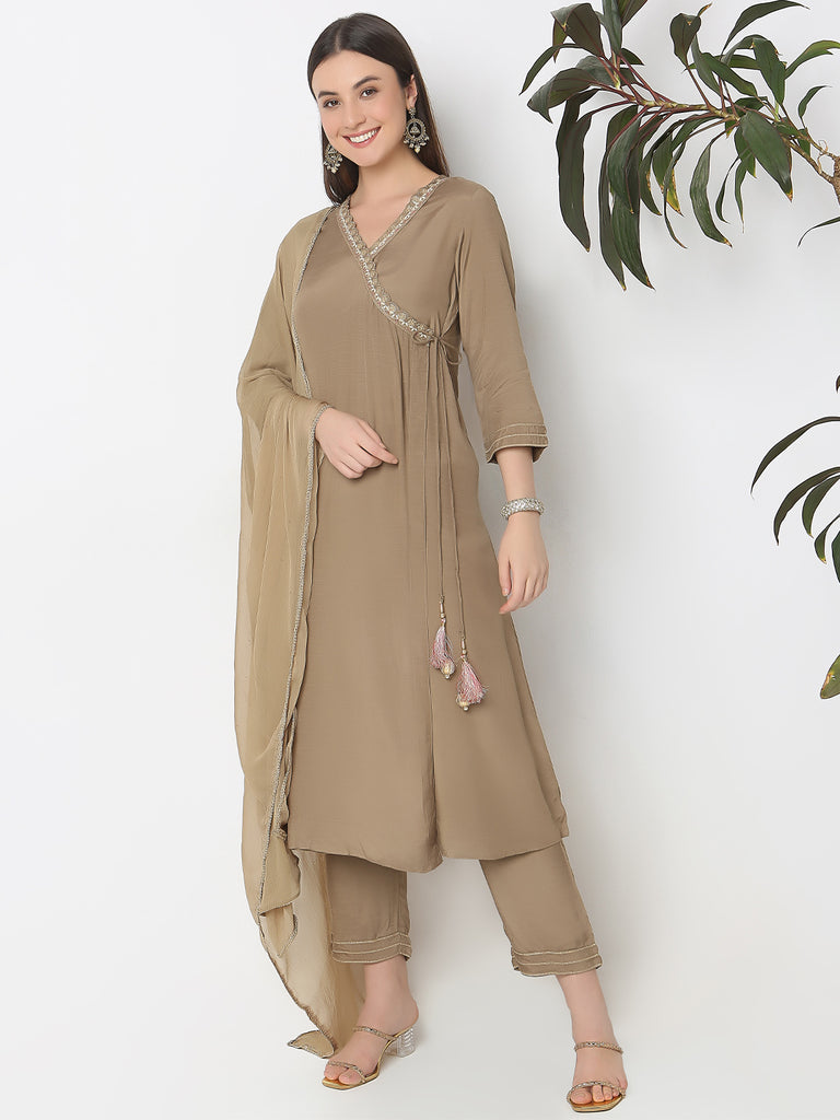 Regular Fit Solid Kurta and Pant with Dupatta Set