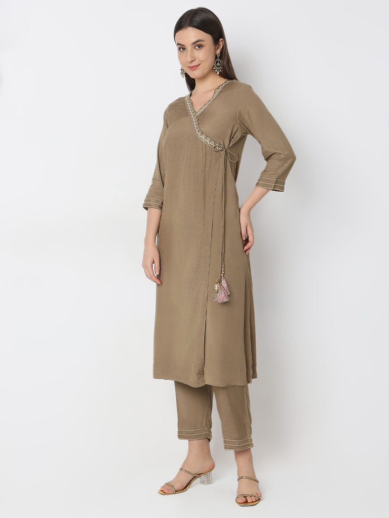 Regular Fit Solid Kurta and Pant with Dupatta Set