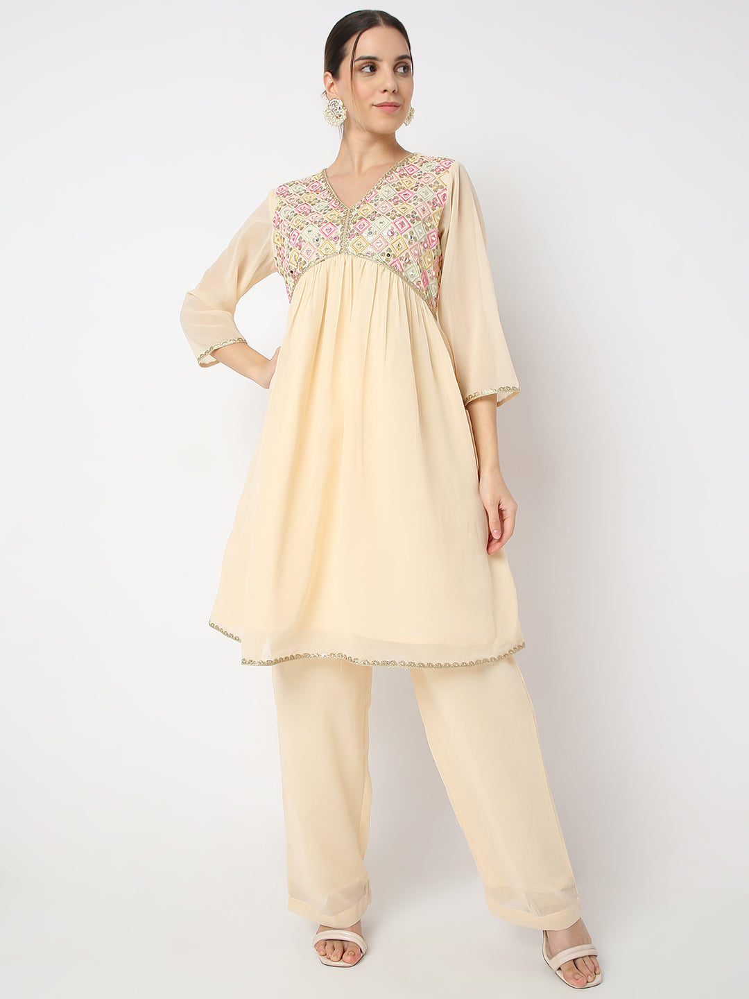 Flare Fit Embellished V Neck A Line Kurta and Pant with Dupatta Set