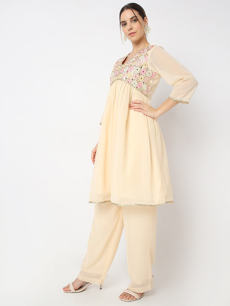 Flare Fit Embellished V Neck A Line Kurta and Pant with Dupatta Set