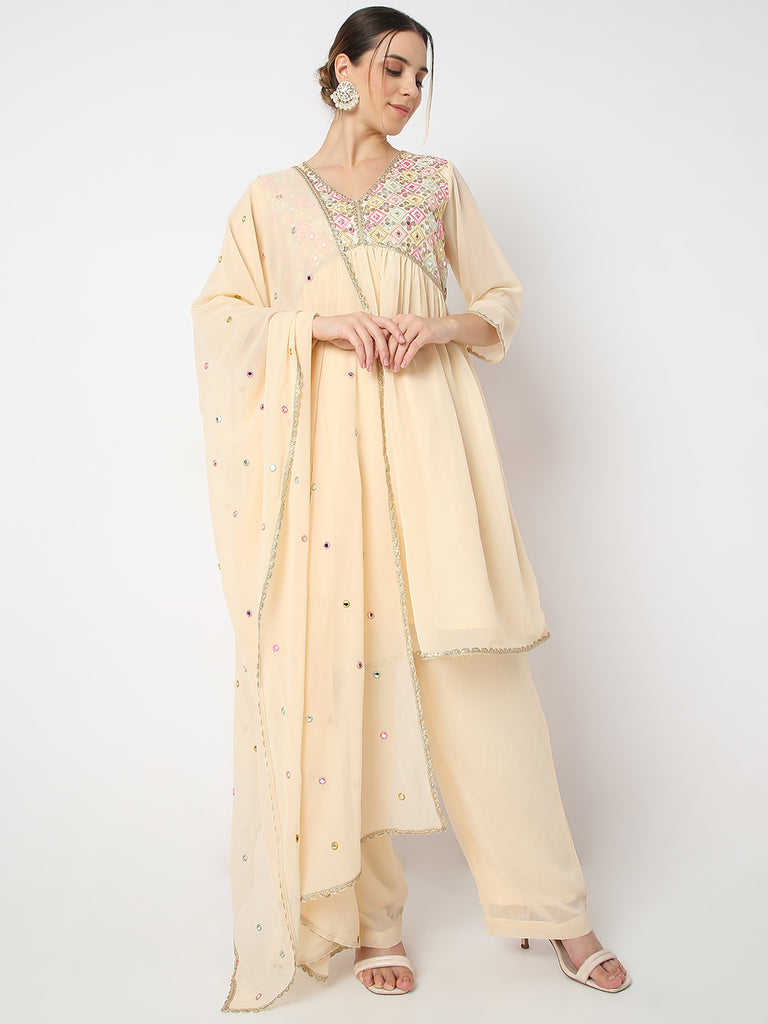 Flare Fit Embellished V Neck A Line Kurta and Pant with Dupatta Set