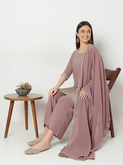 Straight Fit Embellished Kurta and Palazzo with Dupatta Set