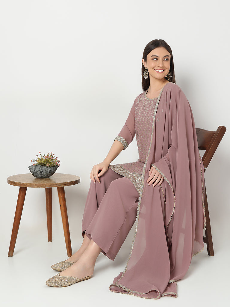 Straight Fit Embellished Kurta and Palazzo with Dupatta Set