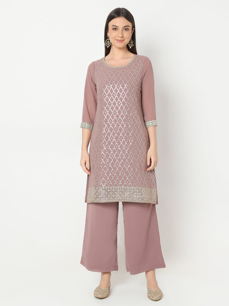 Straight Fit Embellished Kurta and Palazzo with Dupatta Set