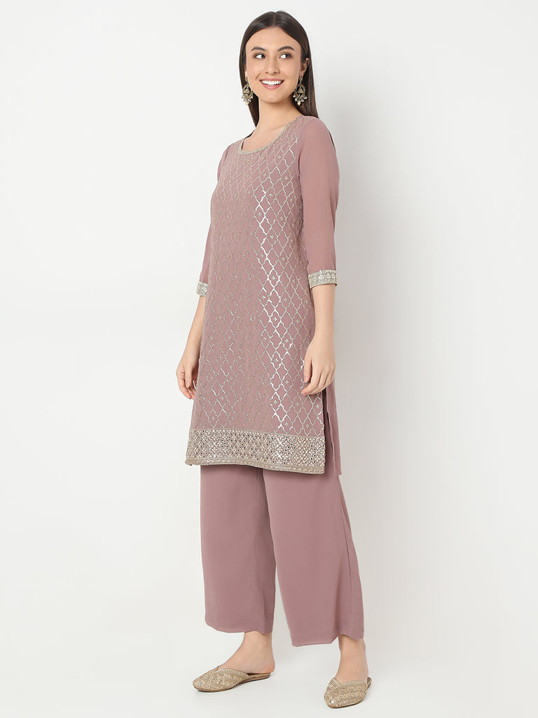 Straight Fit Embellished Kurta and Palazzo with Dupatta Set