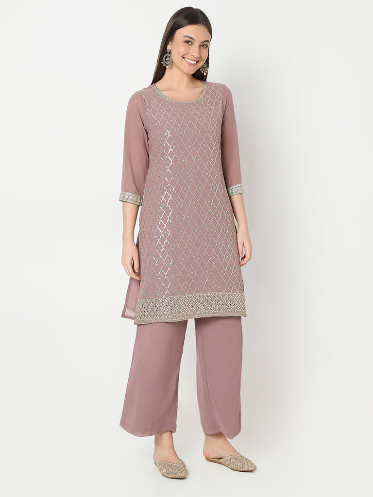 Straight Fit Embellished Kurta and Palazzo with Dupatta Set