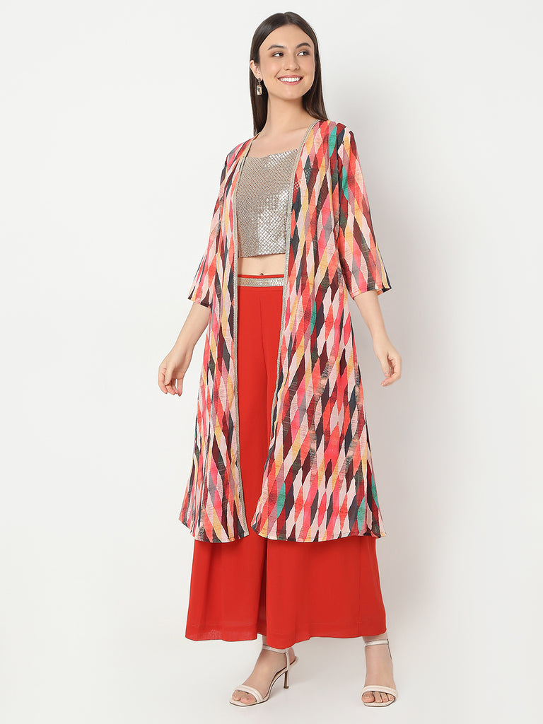 Flare Fit Printed Crop Top and Palazzo with Jacket Set