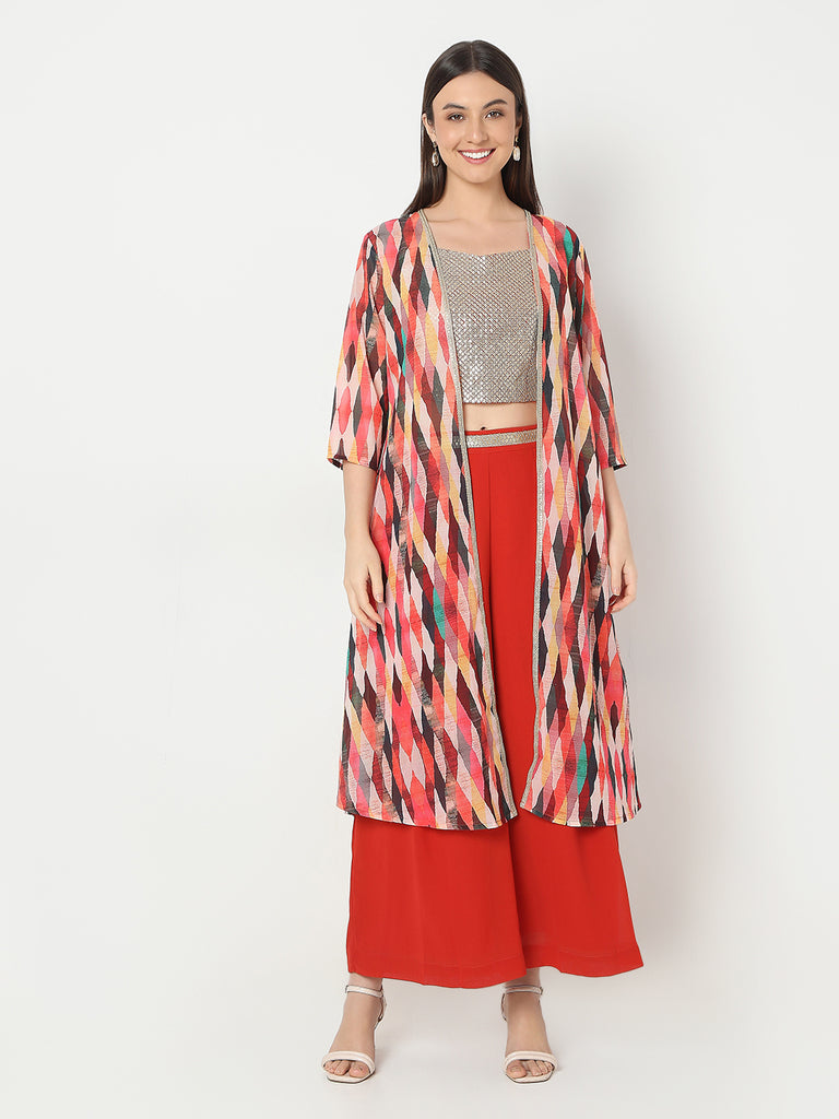 Flare Fit Printed Crop Top and Palazzo with Jacket Set