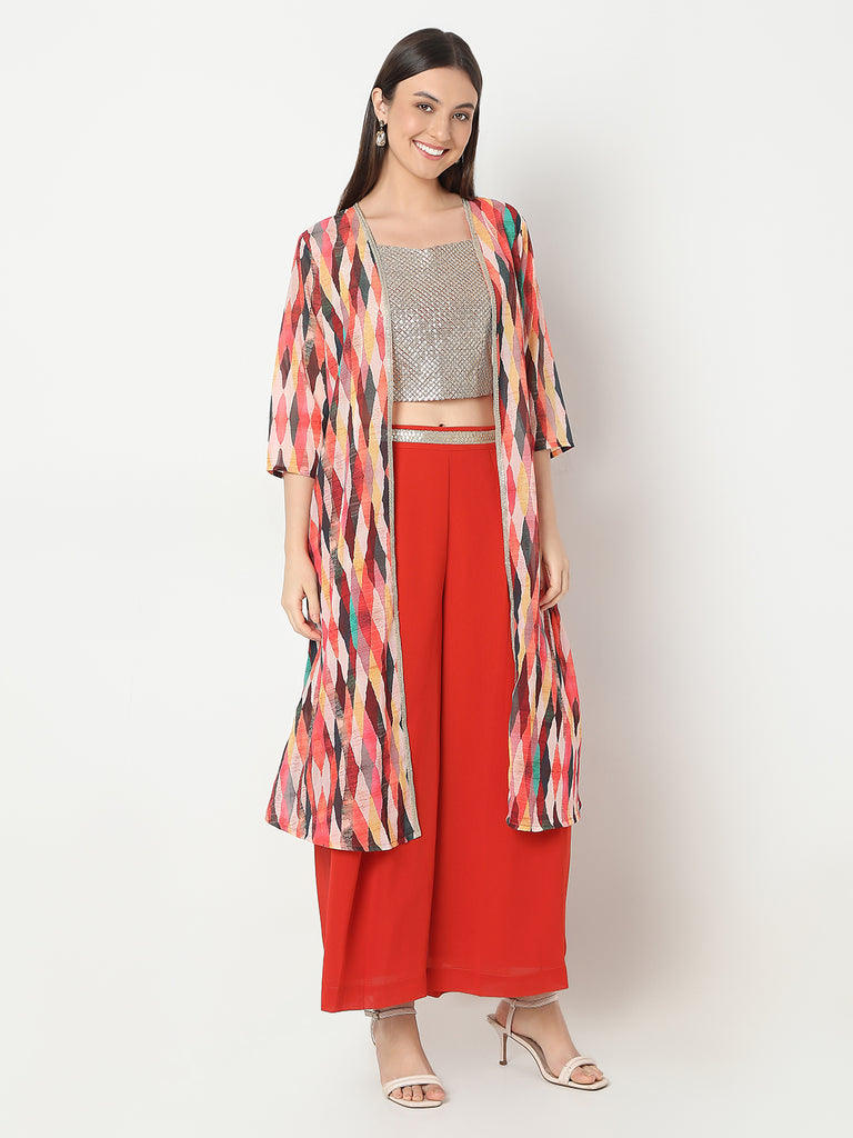 Flare Fit Printed Crop Top and Palazzo with Jacket Set