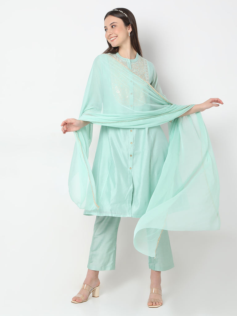 Straight Fit Embroidered A-Line Kurta and Pant with Dupatta Set