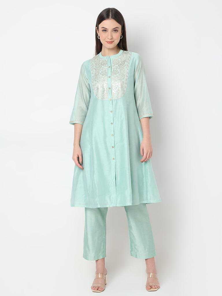 Straight Fit Embroidered A-Line Kurta and Pant with Dupatta Set