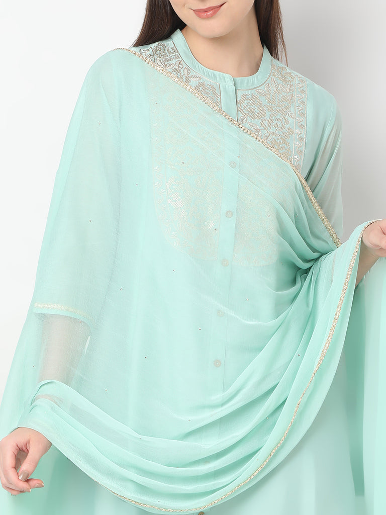 Straight Fit Embroidered A-Line Kurta and Pant with Dupatta Set