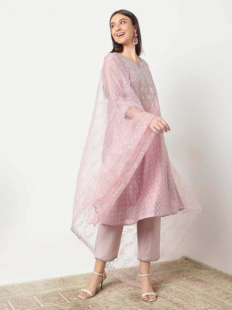 Flare Fit Embroidered Kurta and Pant with Dupatta Set