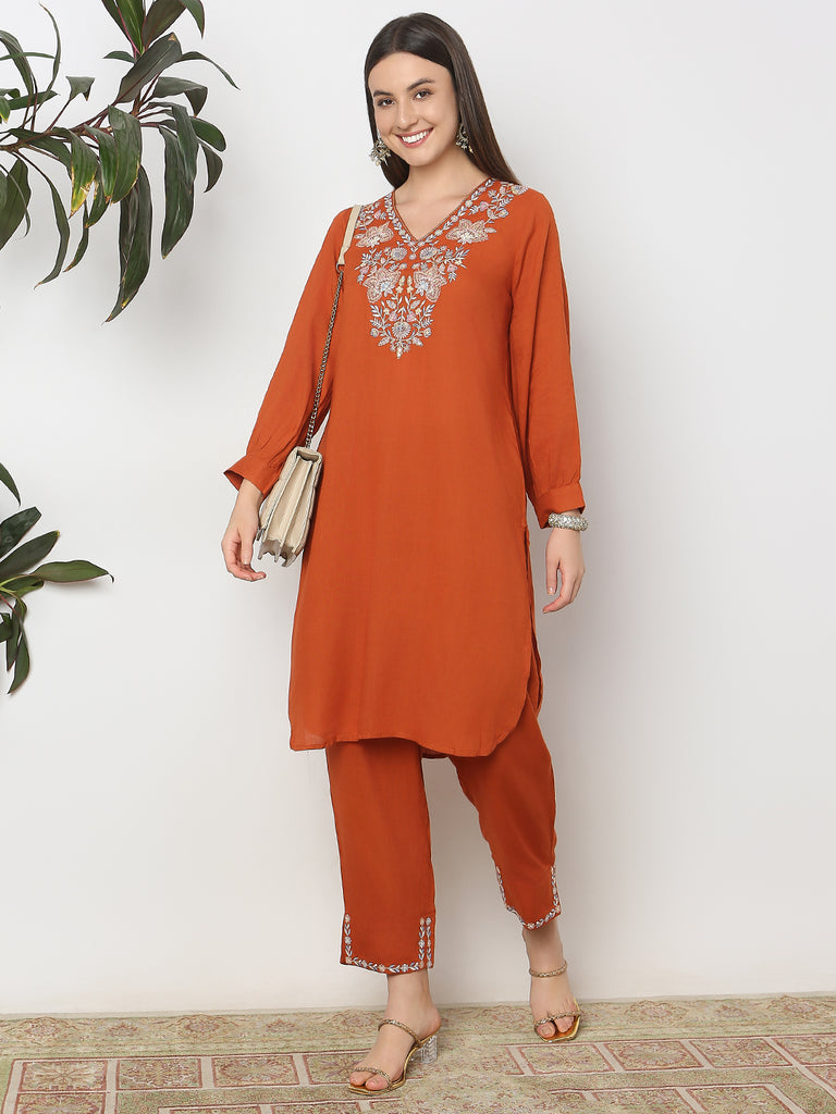 Straight Fit Embroidered Kurta with Pant Set