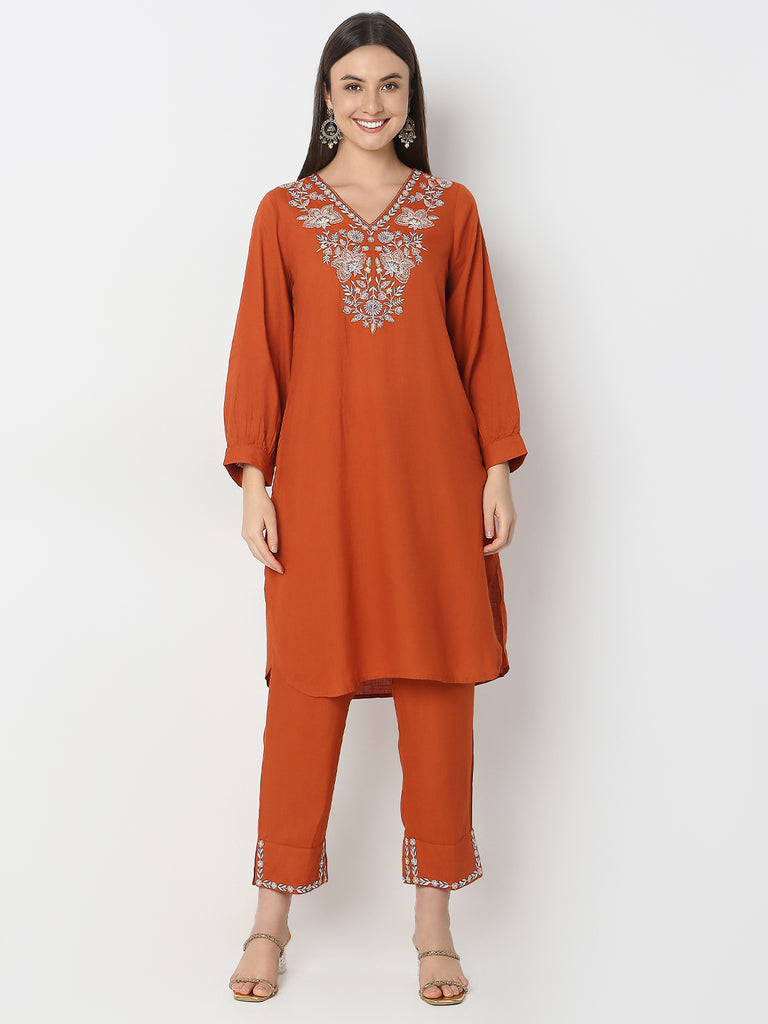 Straight Fit Embroidered Kurta with Pant Set