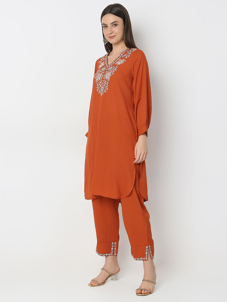 Straight Fit Embroidered Kurta with Pant Set