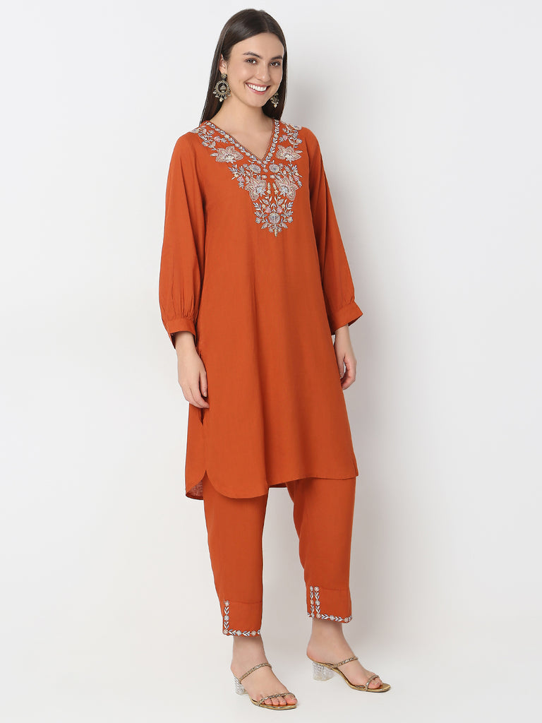 Straight Fit Embroidered Kurta with Pant Set