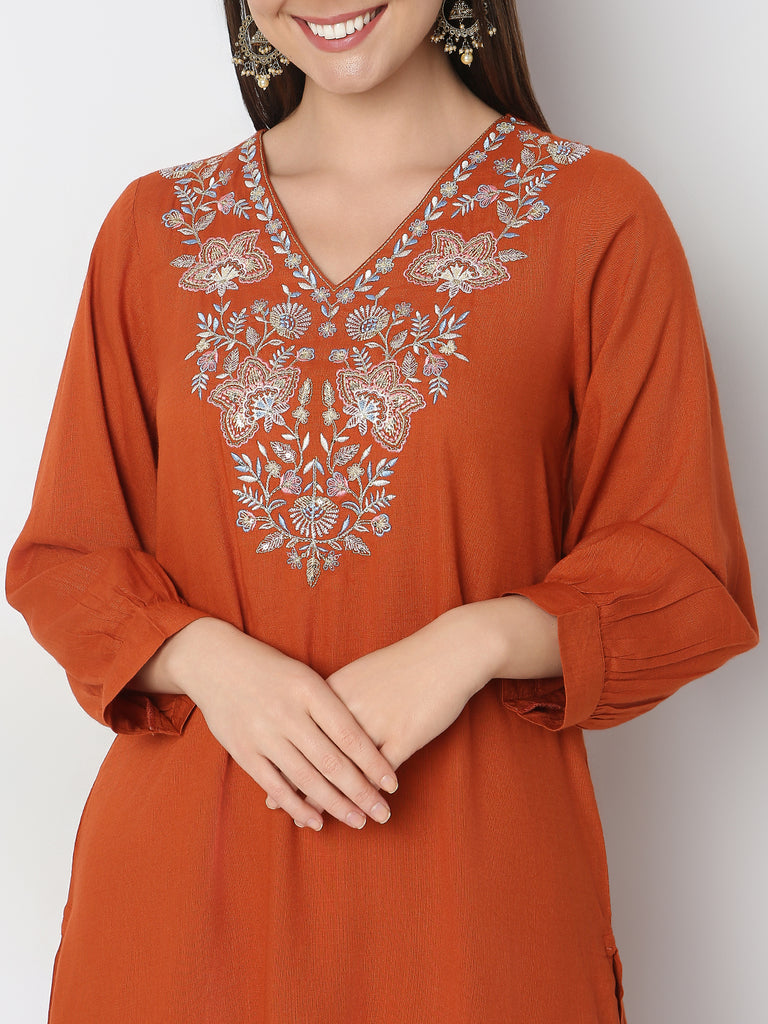 Straight Fit Embroidered Kurta with Pant Set