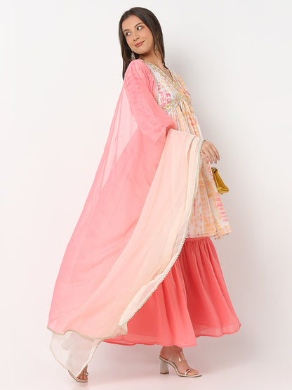 Flare Fit Printed Three-Fourth Sleeve Kurta and Sharara with Dupatta set