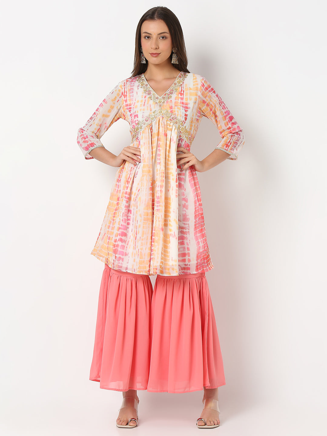Flare Fit Printed Three-Fourth Sleeve Kurta and Sharara with Dupatta set