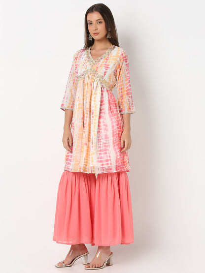 Flare Fit Printed Three-Fourth Sleeve Kurta and Sharara with Dupatta set