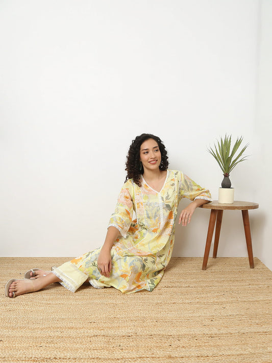 Flare Fit Printed V-Neck Kurta With Pant Set