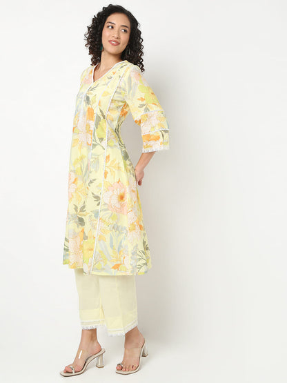 Flare Fit Printed V-Neck Kurta With Pant Set