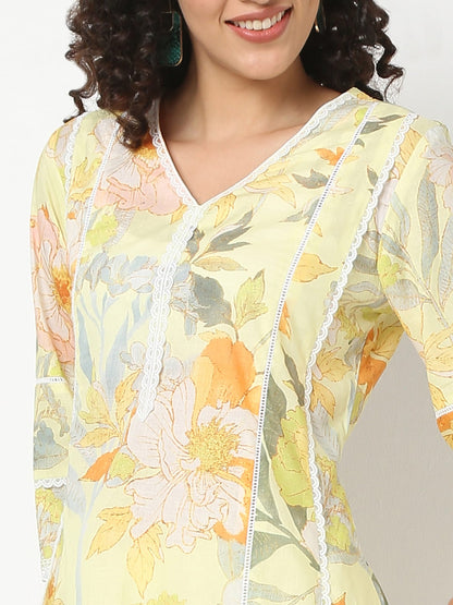 Flare Fit Printed V-Neck Kurta With Pant Set