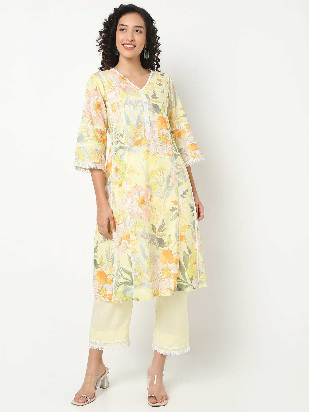 Flare Fit Printed V-Neck Kurta With Pant Set