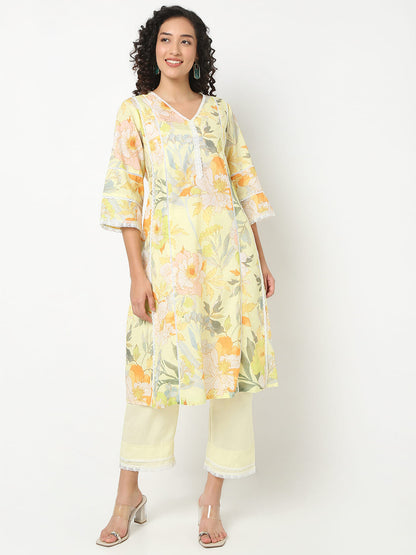 Flare Fit Printed V-Neck Kurta With Pant Set