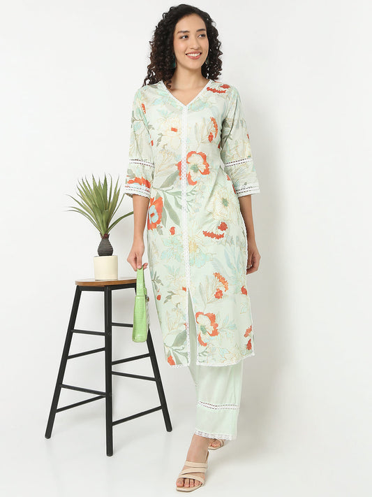 Straight Fit Printed V-Neck Kurta With Pant Set
