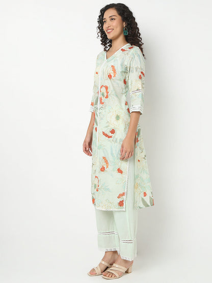 Straight Fit Printed V-Neck Kurta With Pant Set