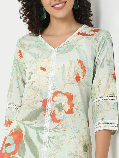 Straight Fit Printed V-Neck Kurta With Pant Set