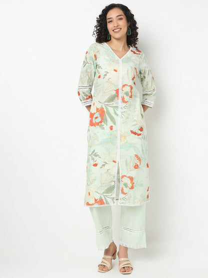 Straight Fit Printed V-Neck Kurta With Pant Set