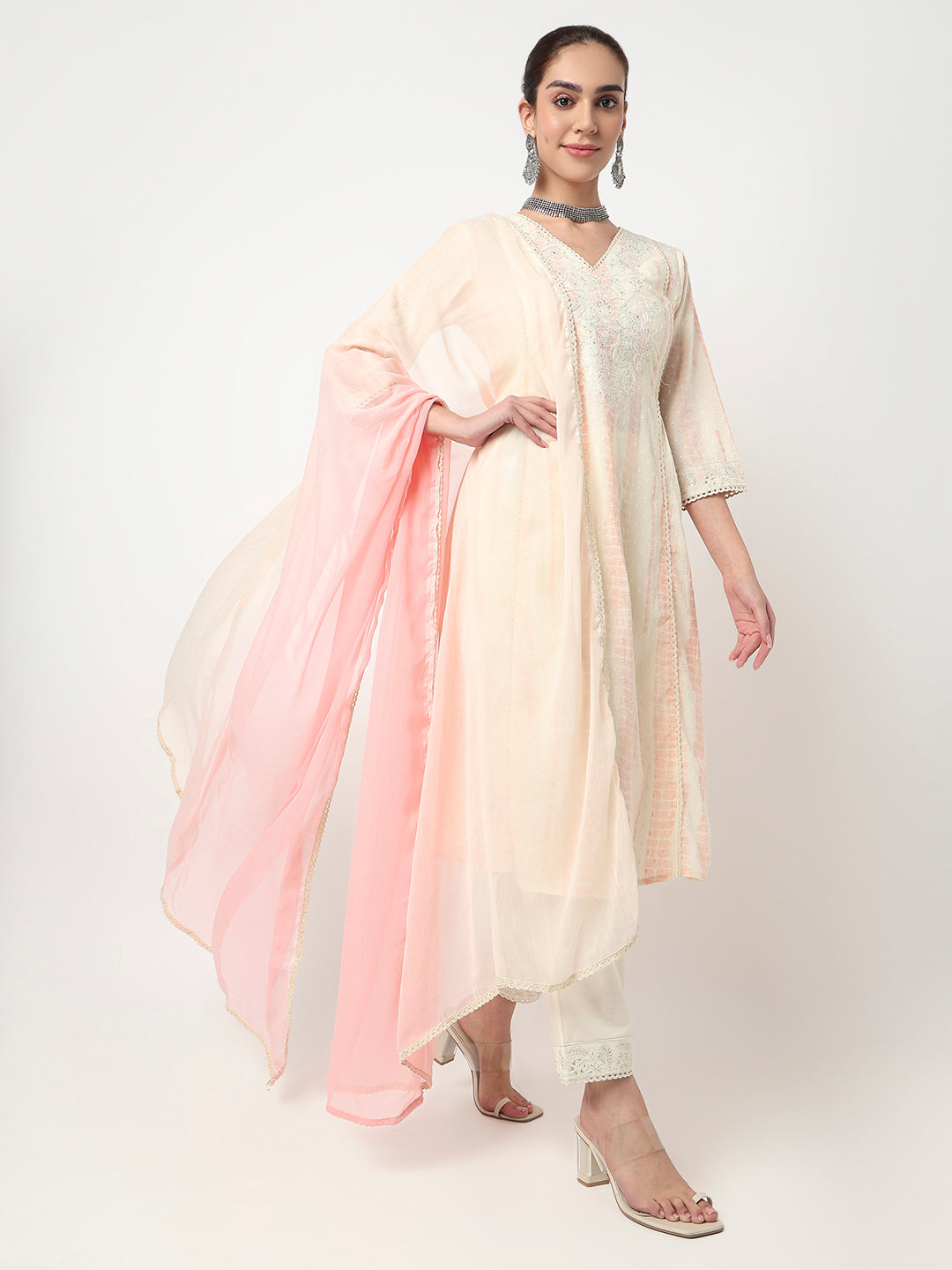 V-Neck Embroidered A-Line Kurta and Pant with Dupatta Set