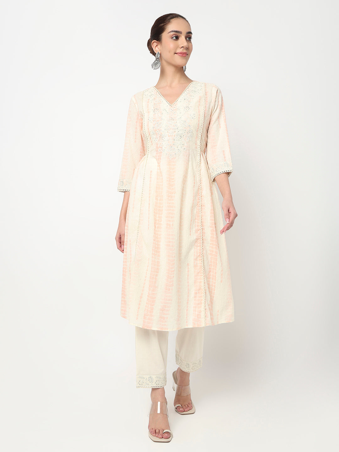 V-Neck Embroidered A-Line Kurta and Pant with Dupatta Set