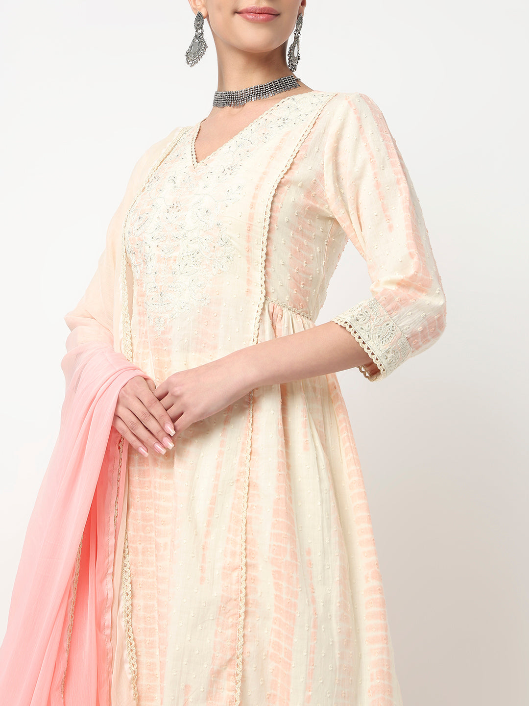 V-Neck Embroidered A-Line Kurta and Pant with Dupatta Set