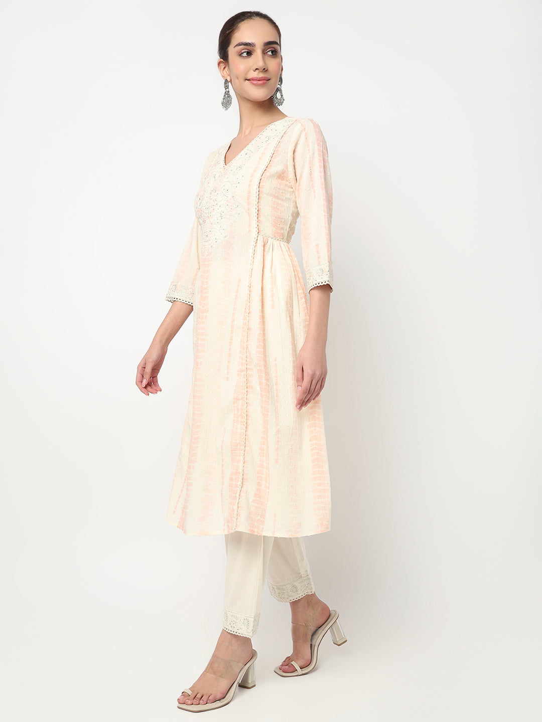 V-Neck Embroidered A-Line Kurta and Pant with Dupatta Set