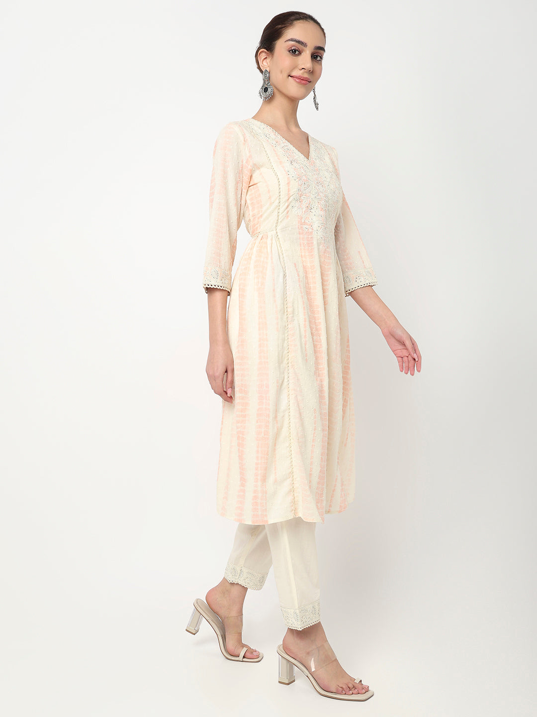 V-Neck Embroidered A-Line Kurta and Pant with Dupatta Set
