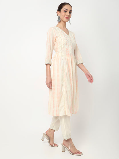 V-Neck Embroidered A-Line Kurta and Pant with Dupatta Set
