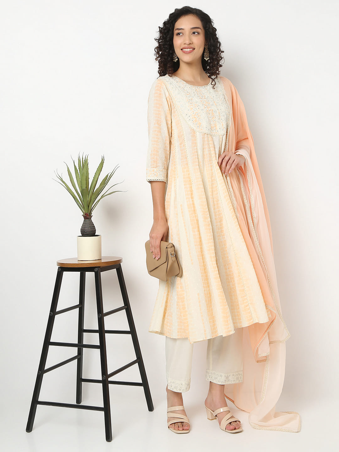 Flare Fit Embroidered Round Neck Kurta With Pant With Dupatta Set
