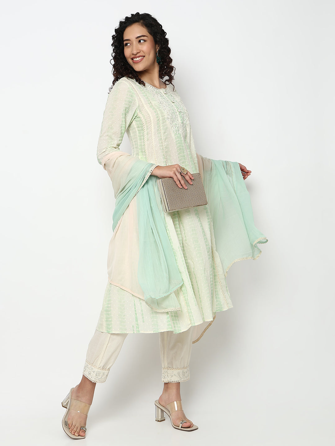 Embroidered Flared Kurta and Pant with Dupatta Set
