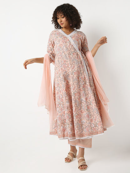 Flare Fit Printed V-Neck Three-Fourth Sleeve Kurta and Pant with Dupatta Set