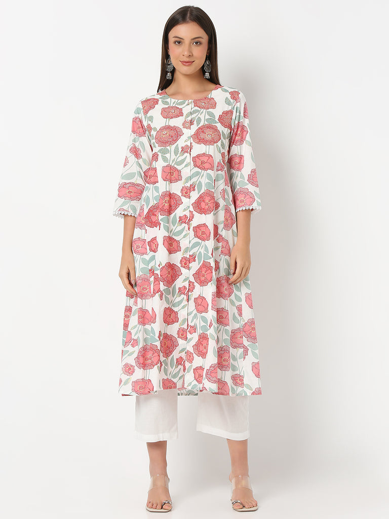 Flare Fit Printed Three-Fourth Sleeve Kurta with Pant Set