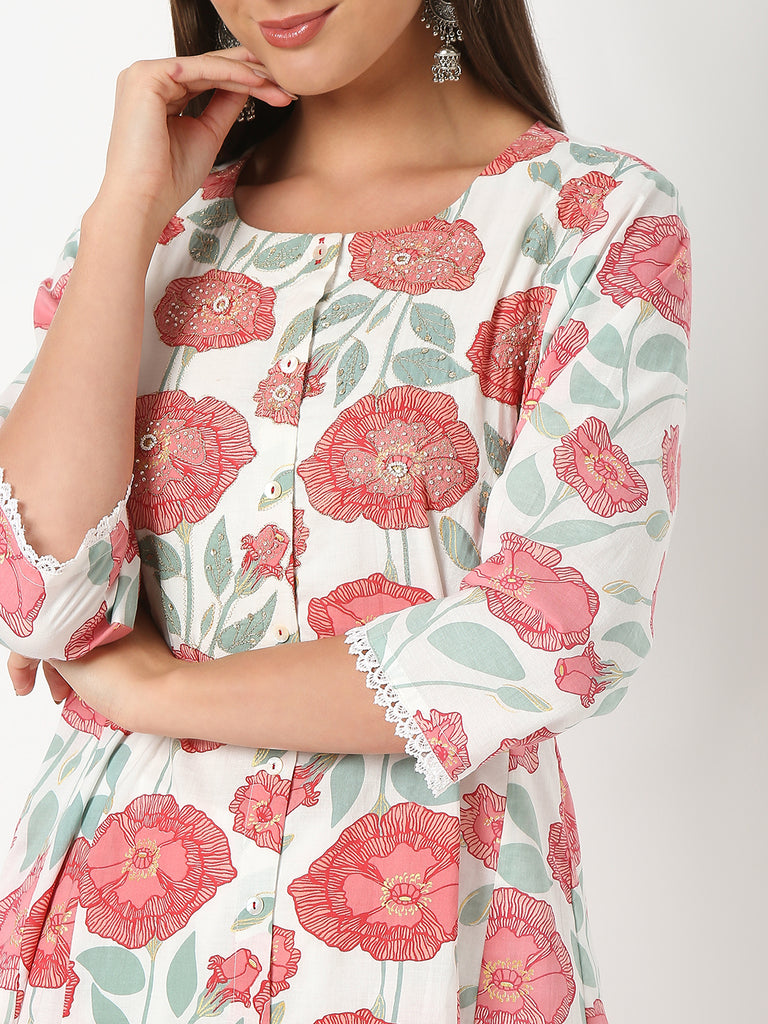 Flare Fit Printed Three-Fourth Sleeve Kurta with Pant Set