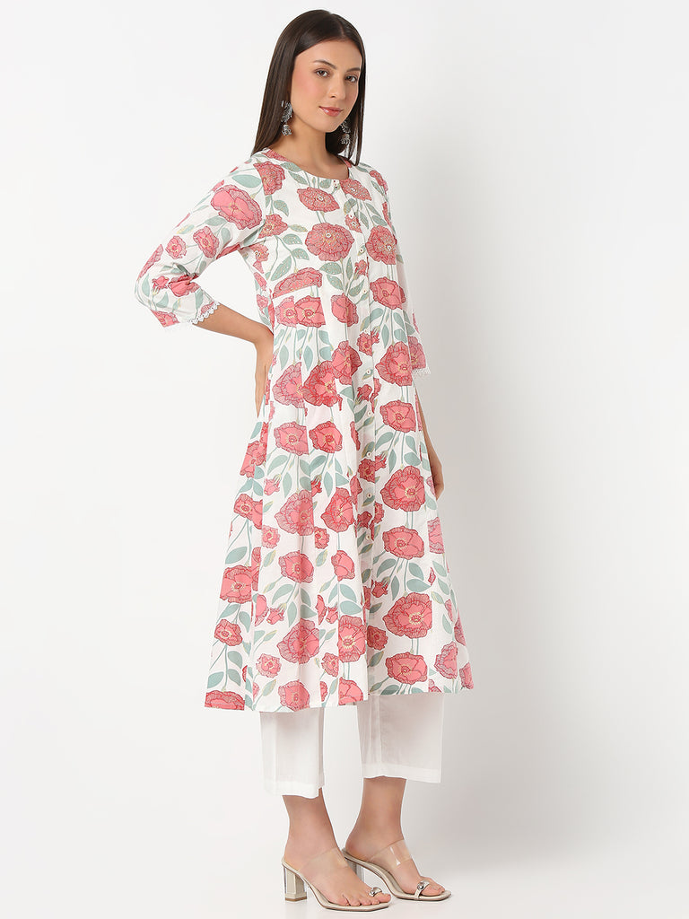 Flare Fit Printed Three-Fourth Sleeve Kurta with Pant Set