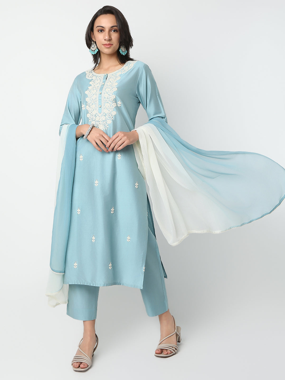 Regular Fit Embroidered Round Neck Three-Fourth Sleeve Kurta and Pant with Dupatta Set