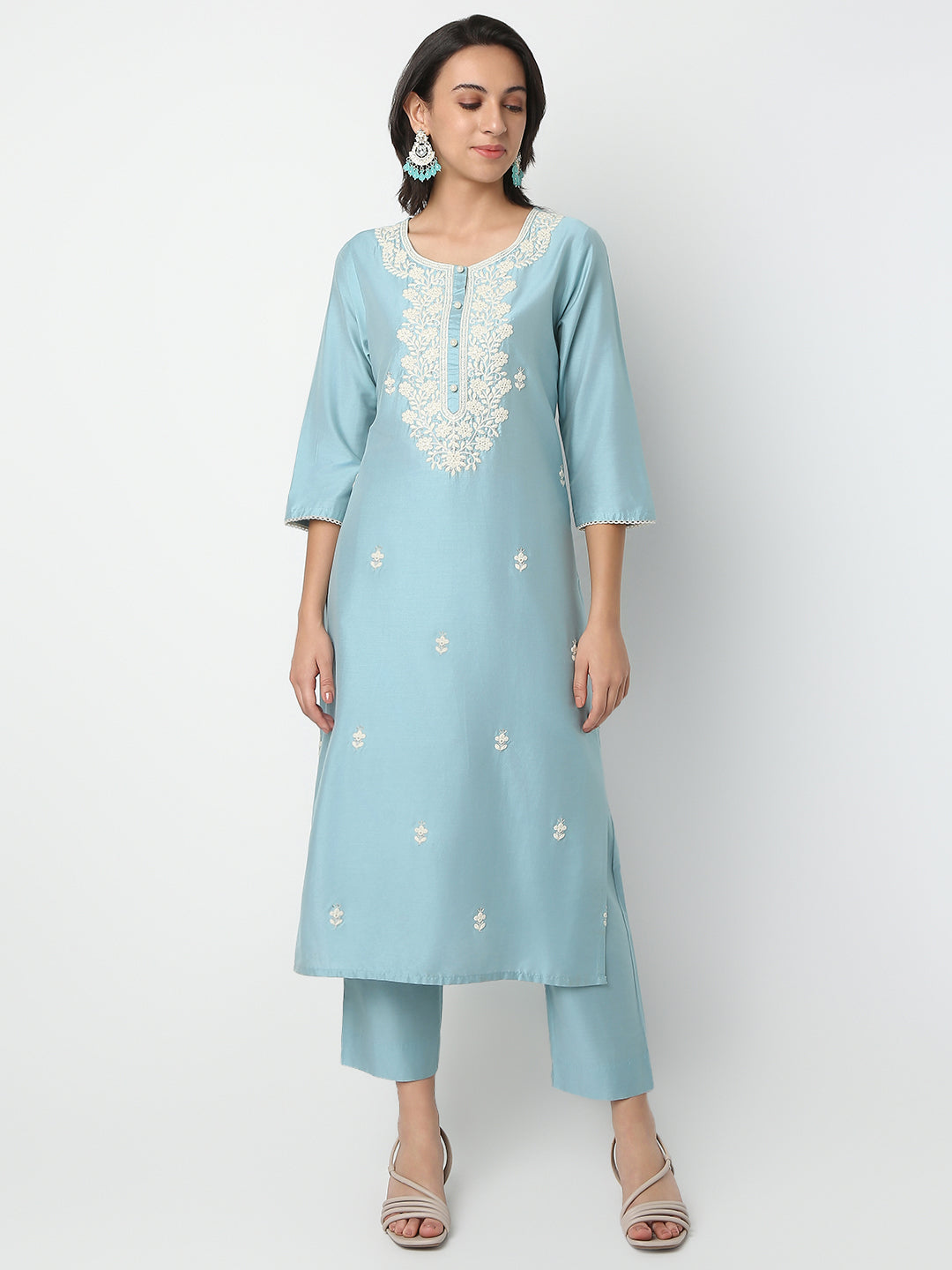 Regular Fit Embroidered Round Neck Three-Fourth Sleeve Kurta and Pant with Dupatta Set