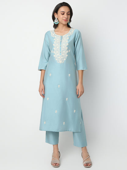 Regular Fit Embroidered Round Neck Three-Fourth Sleeve Kurta and Pant with Dupatta Set